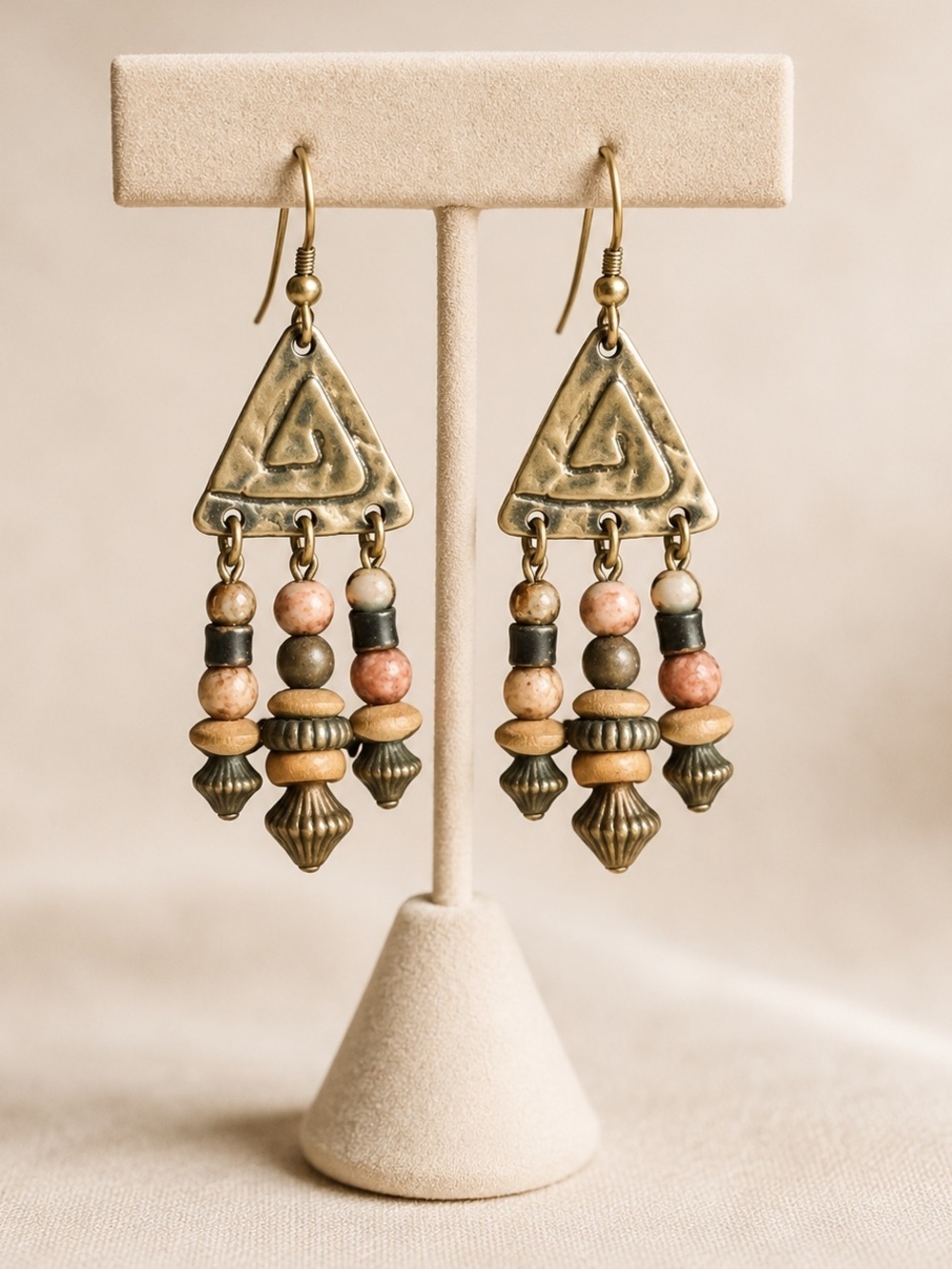 Vintage Boho Tribal Beaded Dangle Earrings Silver Tone Geometric Festival